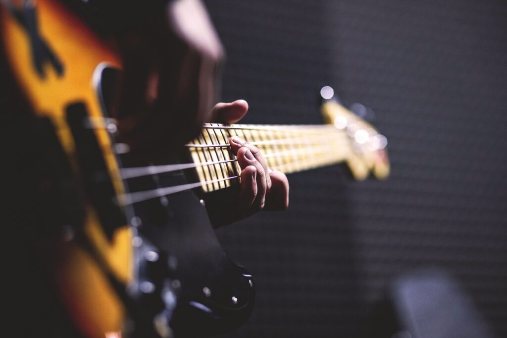 bass guitar, chord, close up